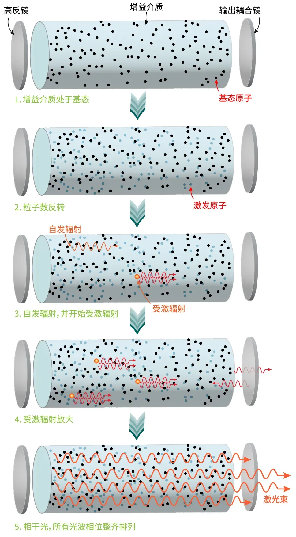 从泵浦粒子数反转自发辐射受激辐射谐振放大到激光输出的完整过程